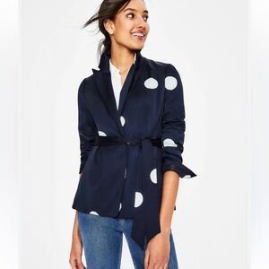 Boden Navy and White Polka Dot wrap satin like Blazer